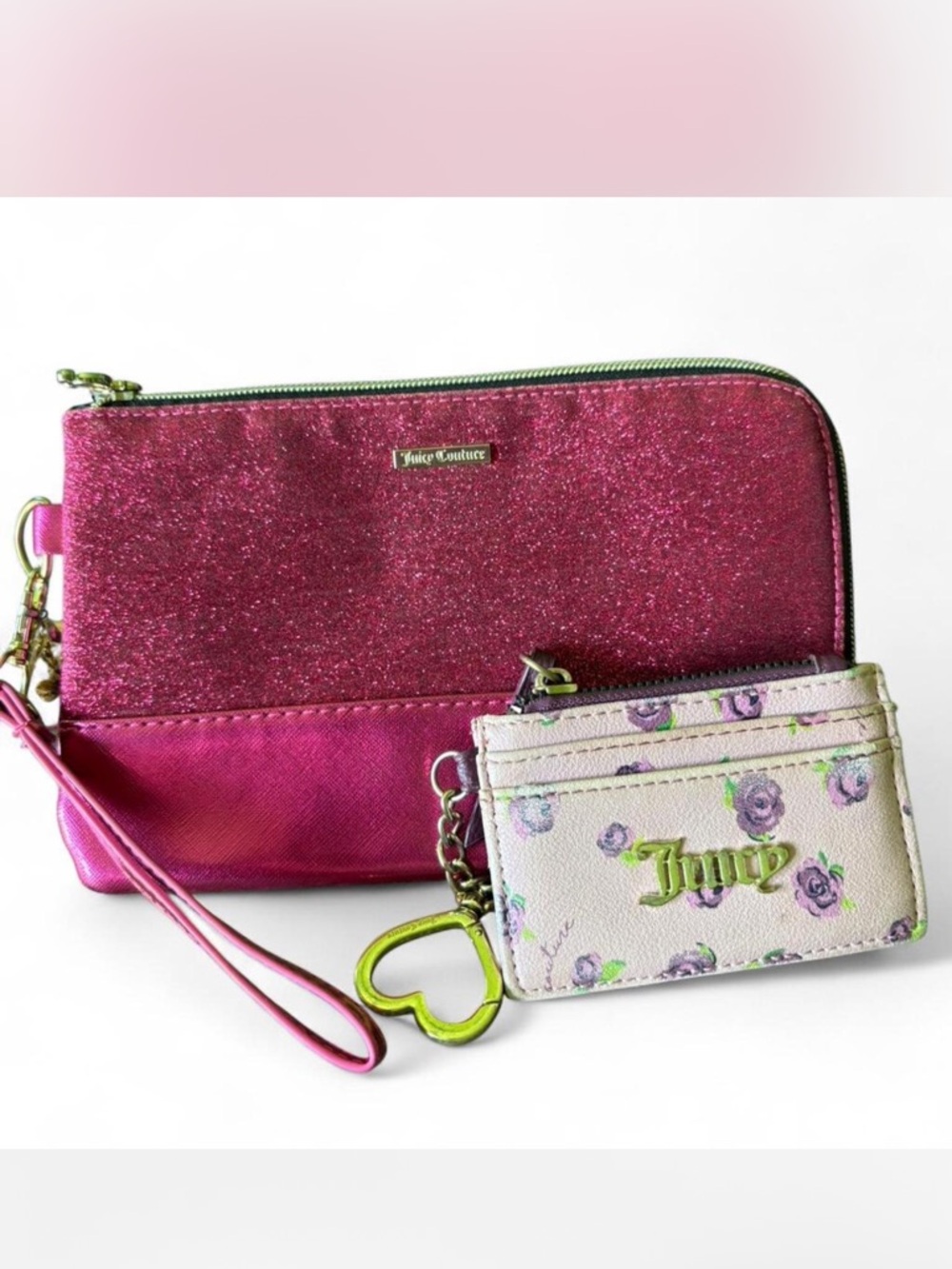 Two piece Juicy Couture Pink glittery wristlet bag plus coin purse floral wallet